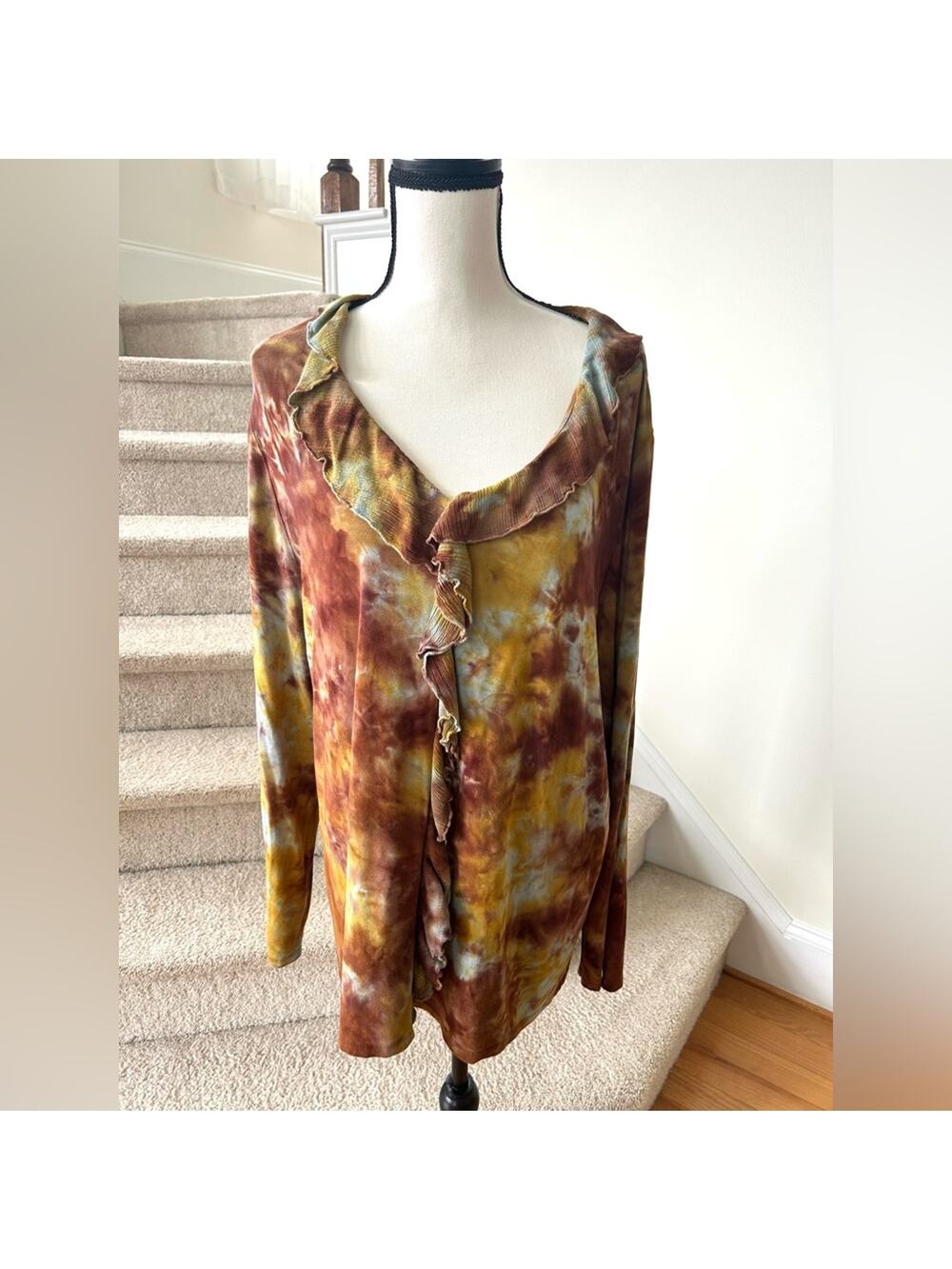 Soft Surroundings Brown & Yellow Tie Dye Ruffle Tee
